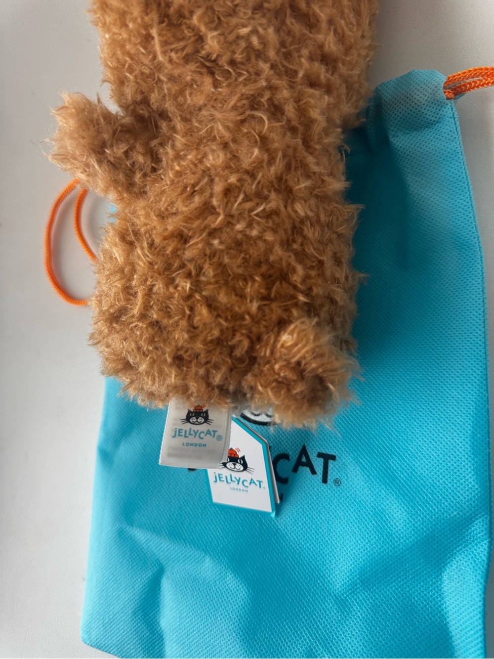 Jellycat Plush Brown Curly Bear on Blue Drawstring Bag - Picture 3 of 16